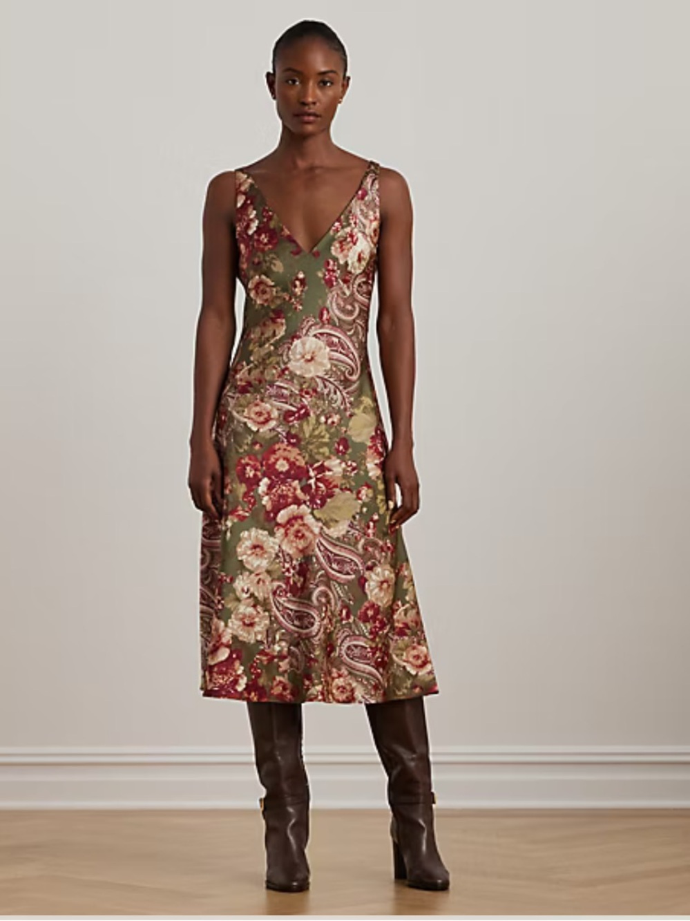 Lauren Ralph Lauren Olive Floral Midi Dress